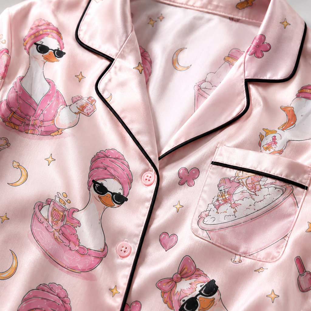 Pink Duck Print Satin Pajama Set for Women