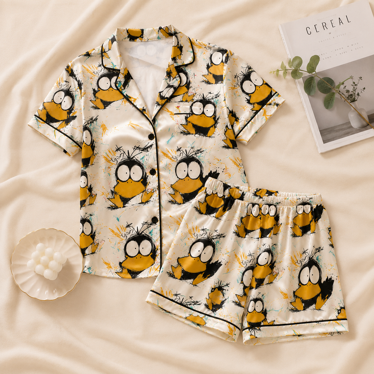 Cute Cartoon Duck Satin Pajama Set