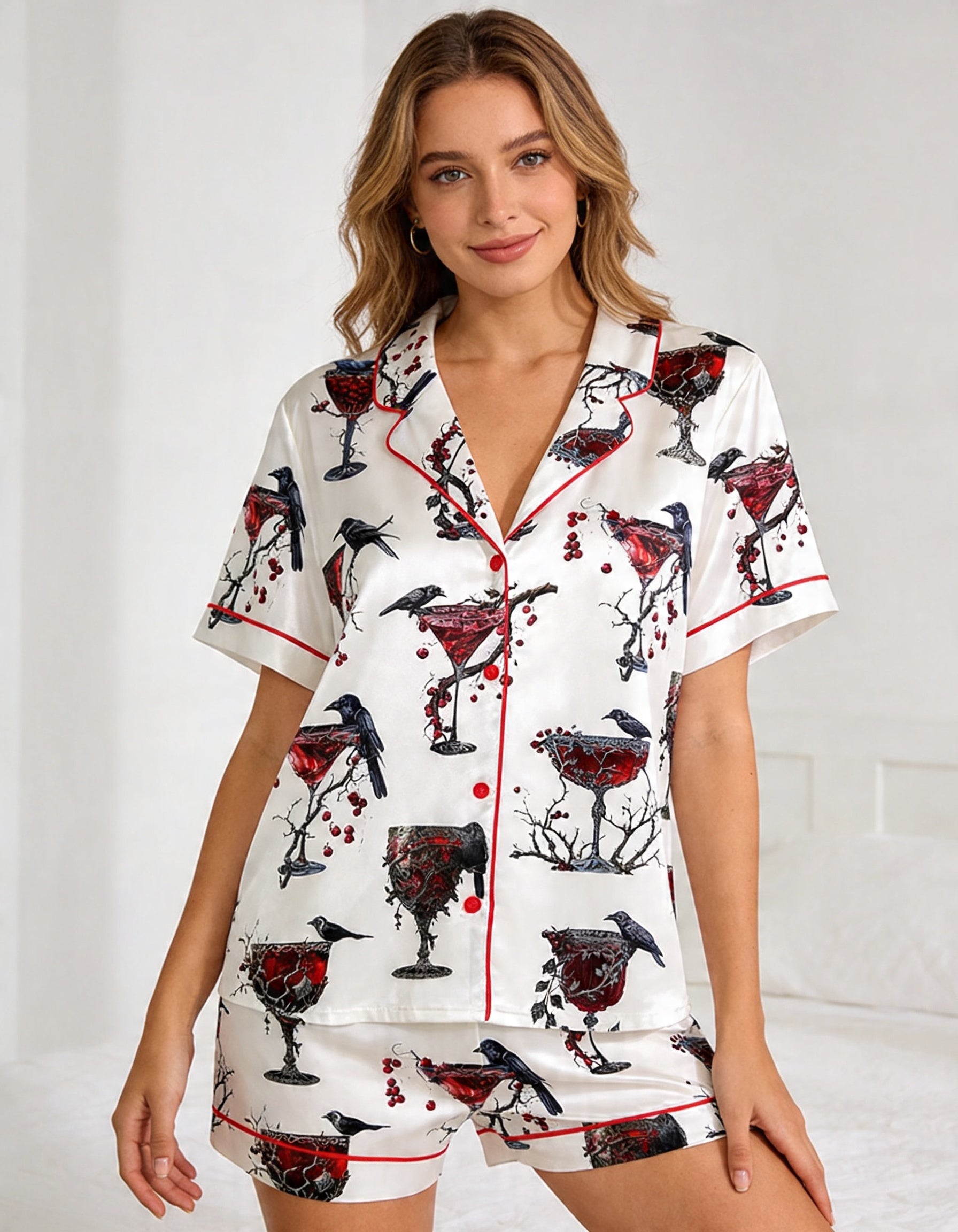 Raven Wine Glass Short Sleeve Pajama Set