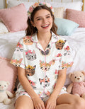 Cute Floral Cat Print Short Sleeve Pajama Set
