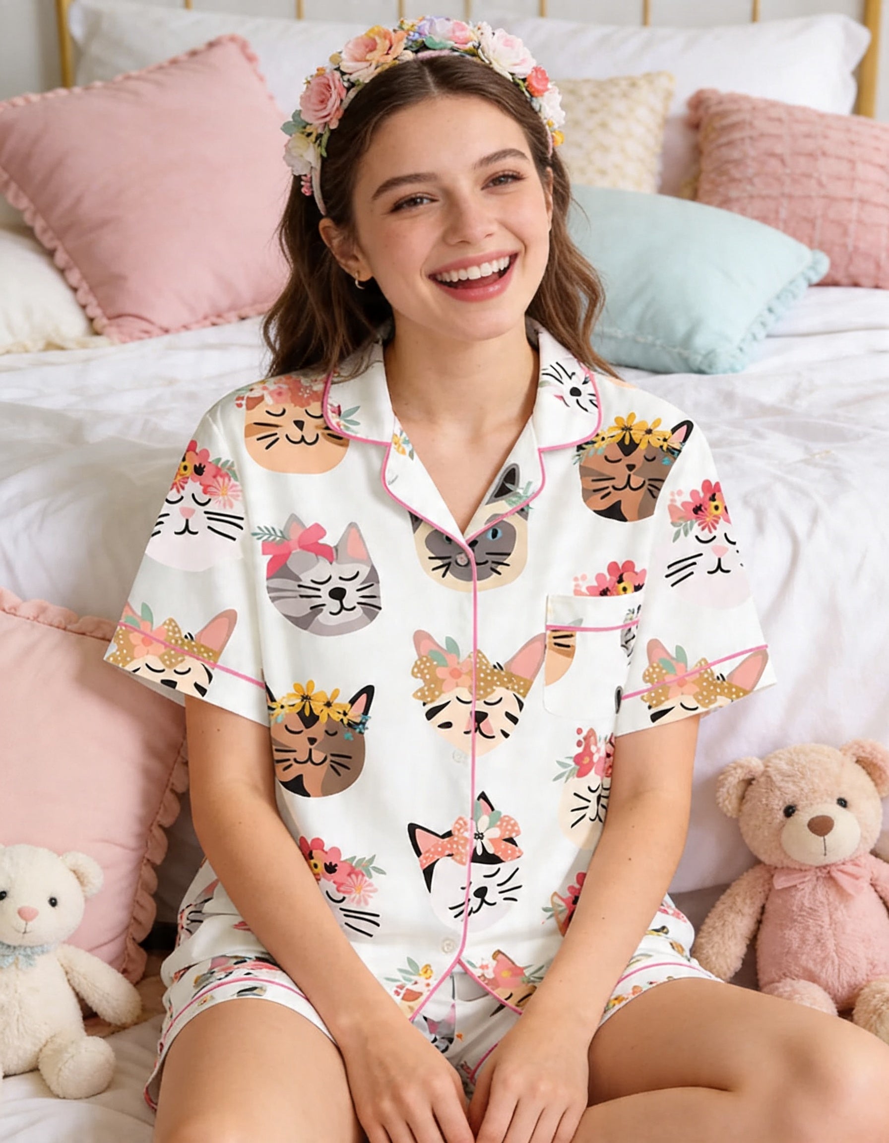 Cute Floral Cat Print Short Sleeve Pajama Set