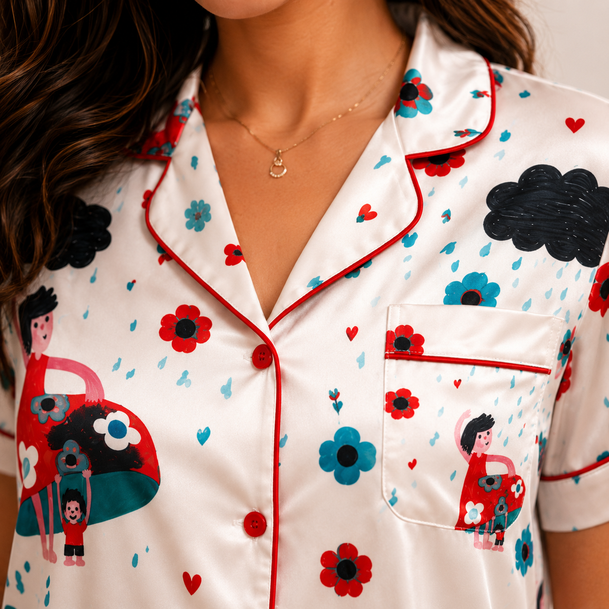 Cute Rainy Girl Print Satin Pajama Set for Women