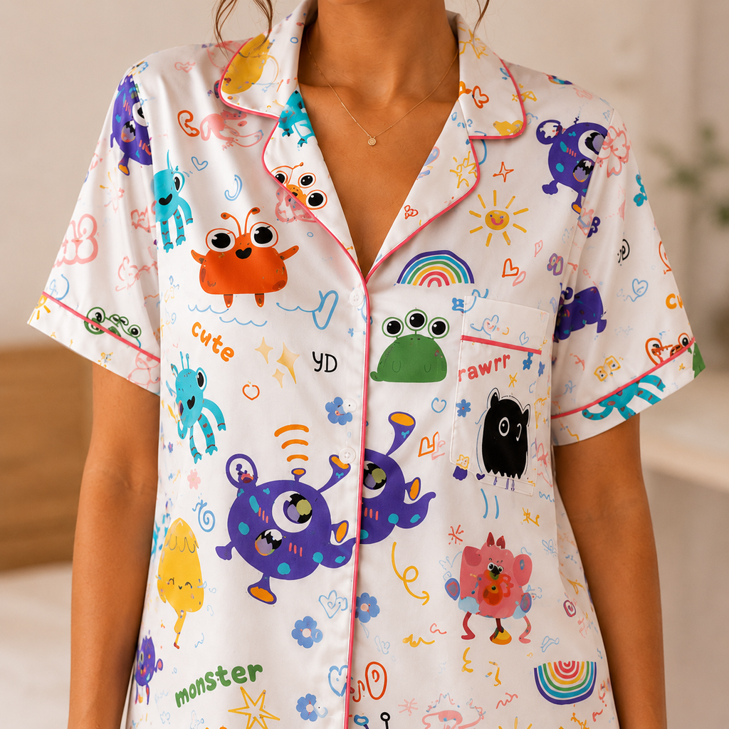 Cartoon Monster Print Pajama Shirt for Women
