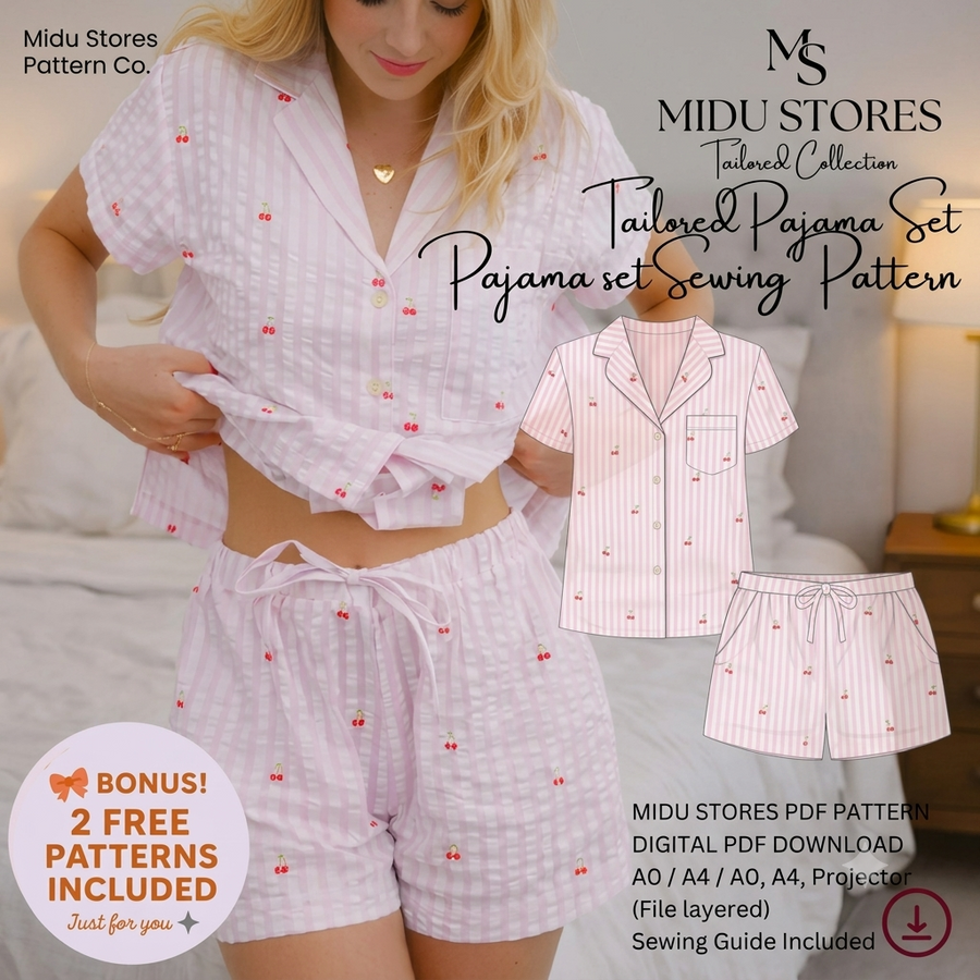 Women’s Pajama Set Sewing Pattern | Shirt + Shorts or Pants | Sizes XXS–5XL | Printable PDF