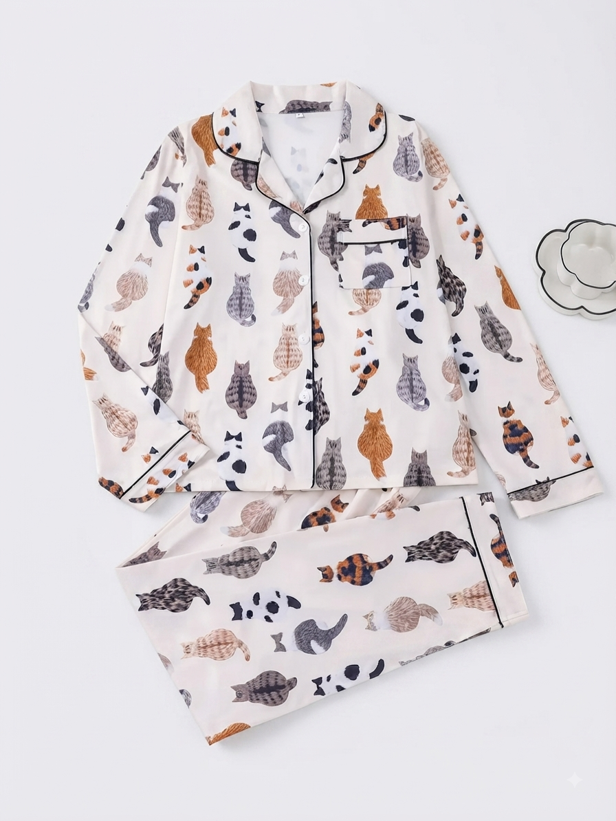 Cute Cat Print Pajama Set