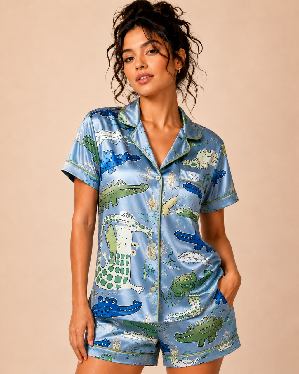 Blue Animal Print Satin Pajama Set for Women