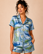 Blue Animal Print Satin Pajama Set for Women