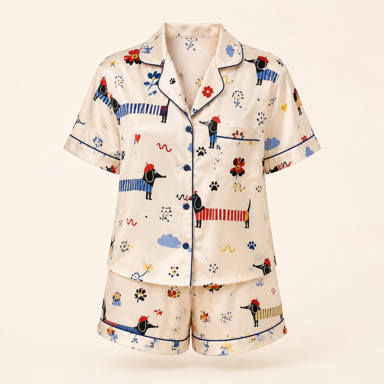 Cute Dachshund Satin Pajama Set for Women