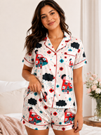 Cute Rainy Girl Print Satin Pajama Set for Women