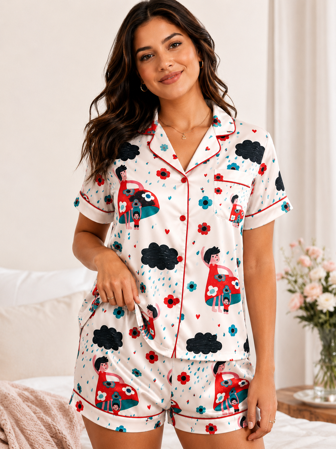 Cute Rainy Girl Print Satin Pajama Set for Women