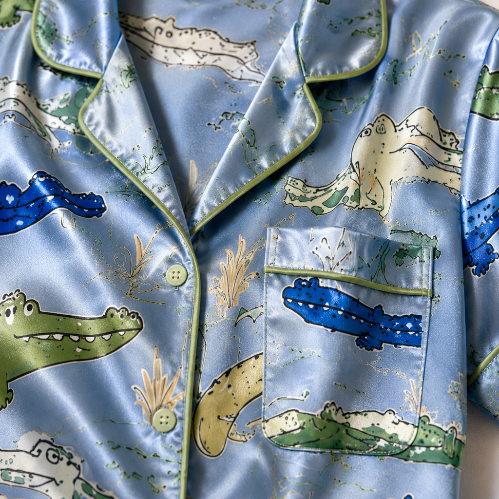 Blue Animal Print Satin Pajama Set for Women