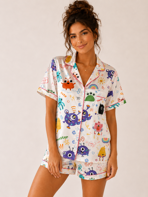 Cartoon Monster Print Pajama Shirt for Women