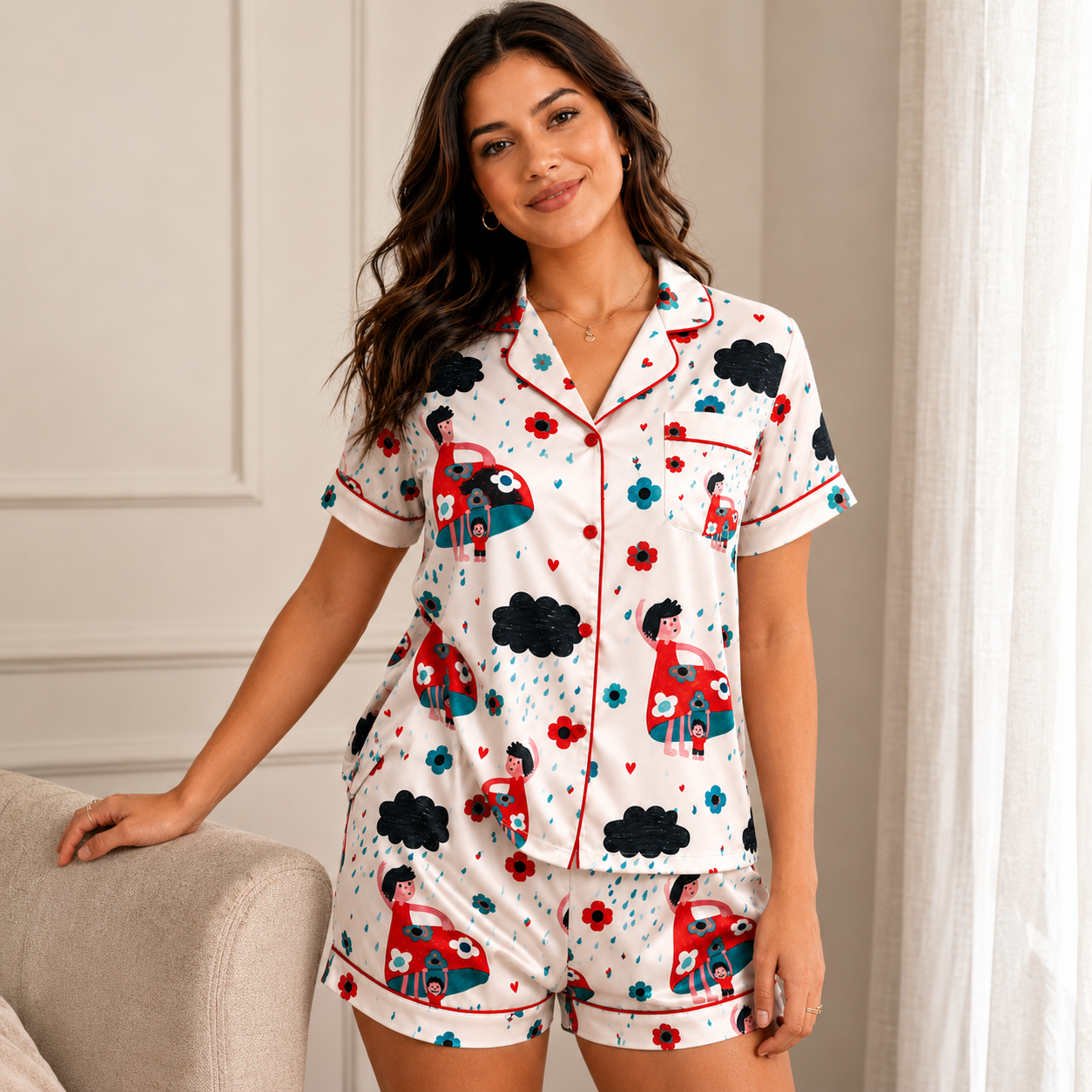 Cute Rainy Girl Print Satin Pajama Set for Women