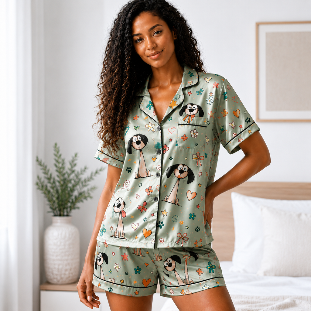 Cute Cartoon Dog Satin Pajama Set for Women