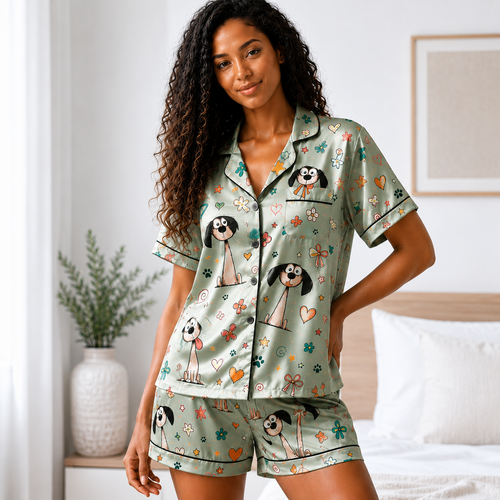 Cute Cartoon Dog Satin Pajama Set for Women