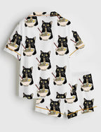 Women's Noodle Cat Short Sleeve Satin Pajama Set
