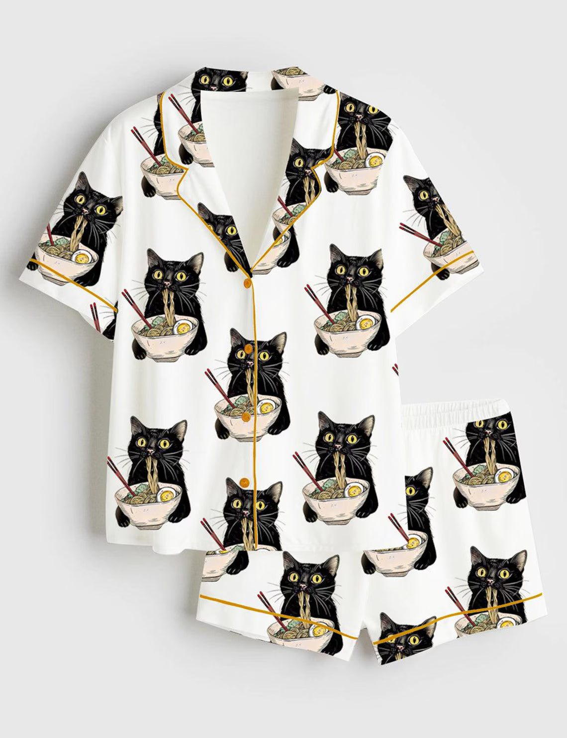 Women's Noodle Cat Short Sleeve Satin Pajama Set