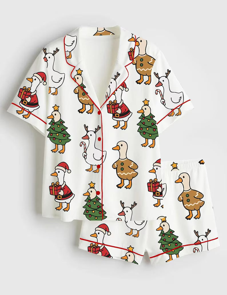 Women’s Just A Jolly Goose Duck Christmas Short Sleeve Satin Pajama Set