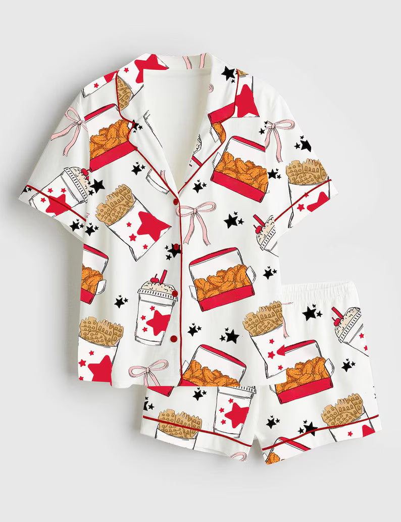 Women Coquette Chicken Nuggets Short Sleeve Satin Pajama Set