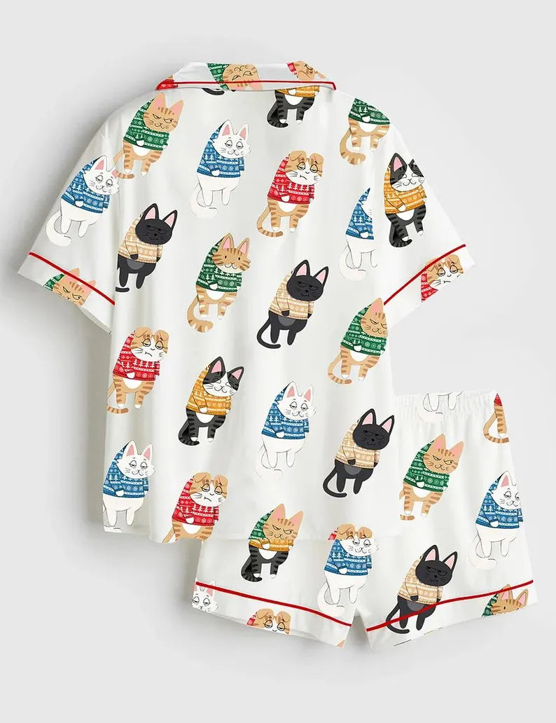 Women’s Funny Christmas Cats Satin Pajama Set,