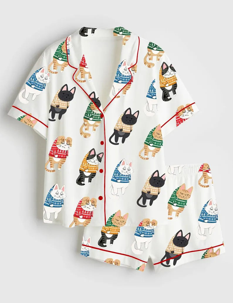 Women’s Funny Christmas Cats Satin Pajama Set,
