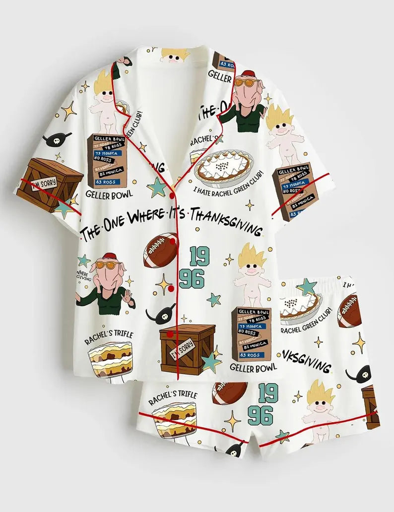 Merry Christmas The One Where It's Thanksgiving Friends Turkey Satin Pajama Set