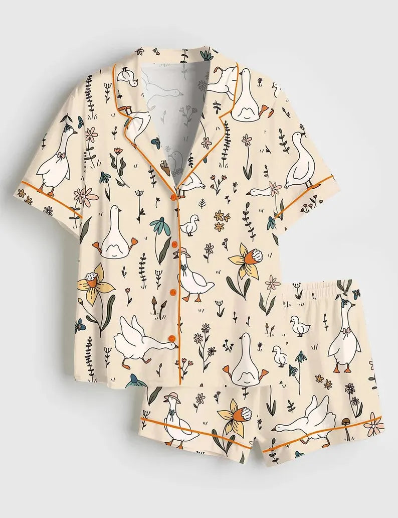 Silly Goose Hand Drawn Art Geese Farm Cute Animal Satin Pajama Set