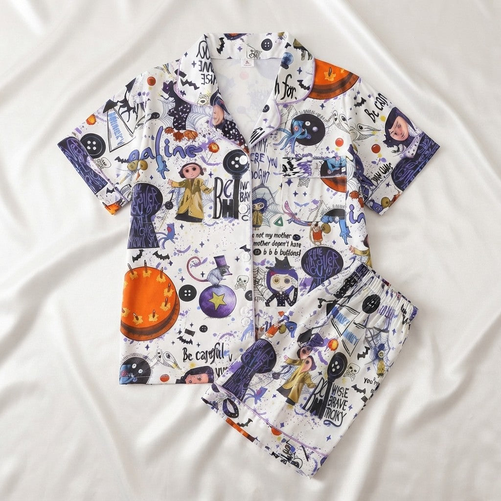 Cartoon Print Satin Pajama Set
