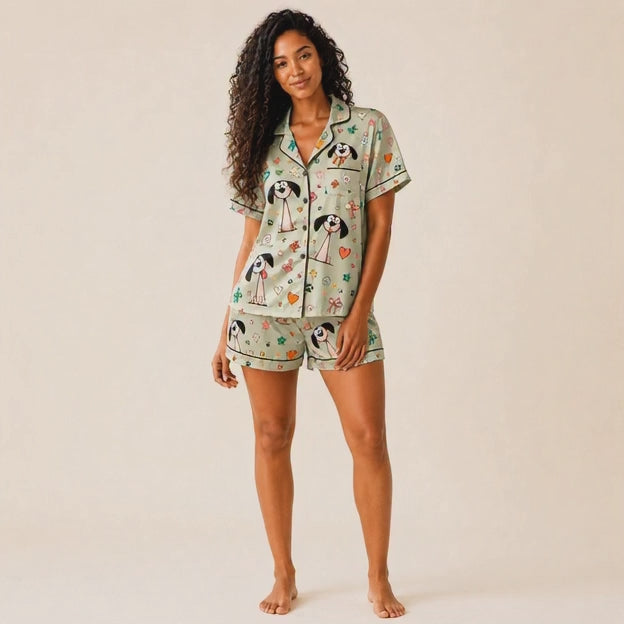 Cute Cartoon Dog Satin Pajama Set for Women