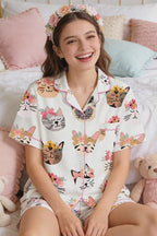 Cute Floral Cat Print Short Sleeve Pajama Set