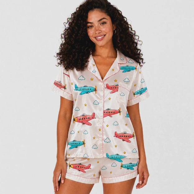 Vintage Airplane Satin Pajama Set for Women
