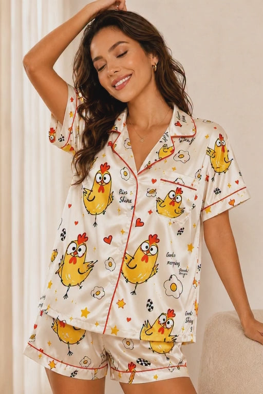 Cute Chicken Print Satin Pajama Set for Women