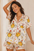Cute Chicken Print Satin Pajama Set for Women