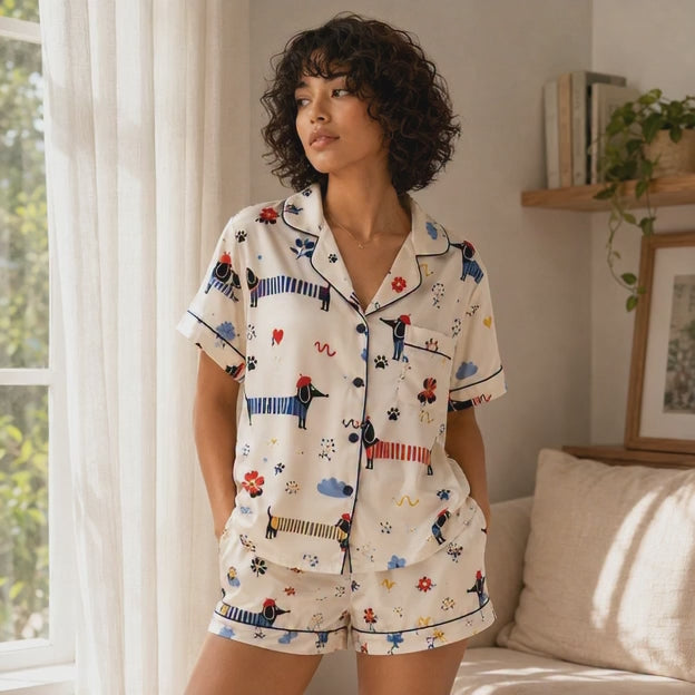 Cute Dachshund Satin Pajama Set for Women