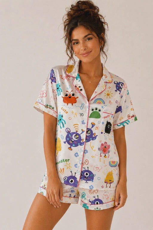 Cartoon Monster Print Pajama Shirt for Women