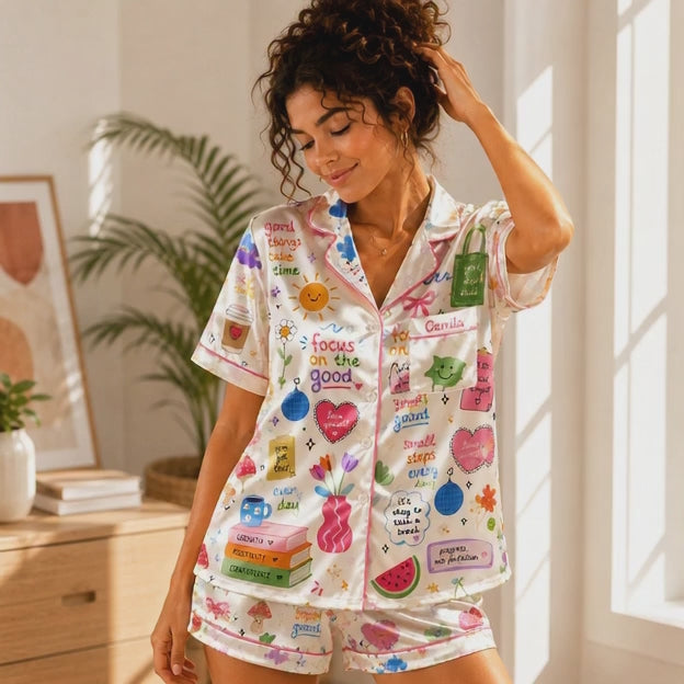 Cute Positive Quote Satin Pajama Set for Women