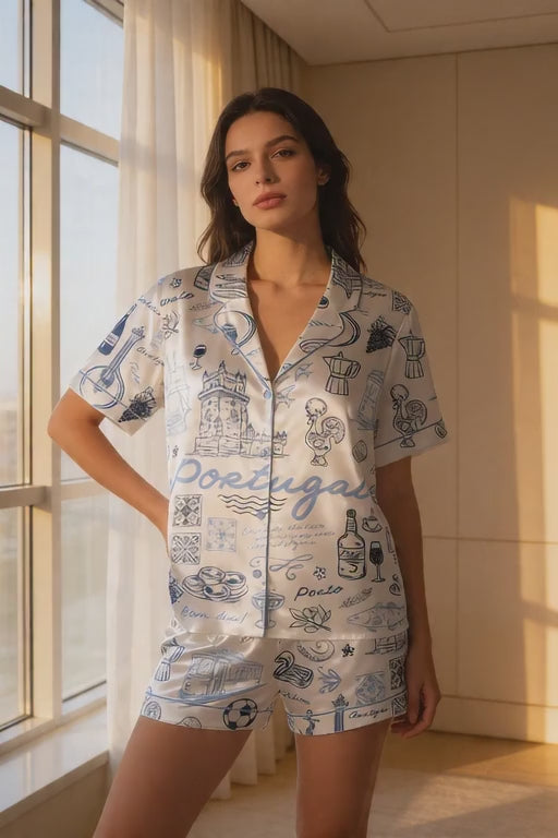 Portugal Print Satin Pajama Set for Women