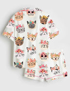 Cute Floral Cat Print Short Sleeve Pajama Set