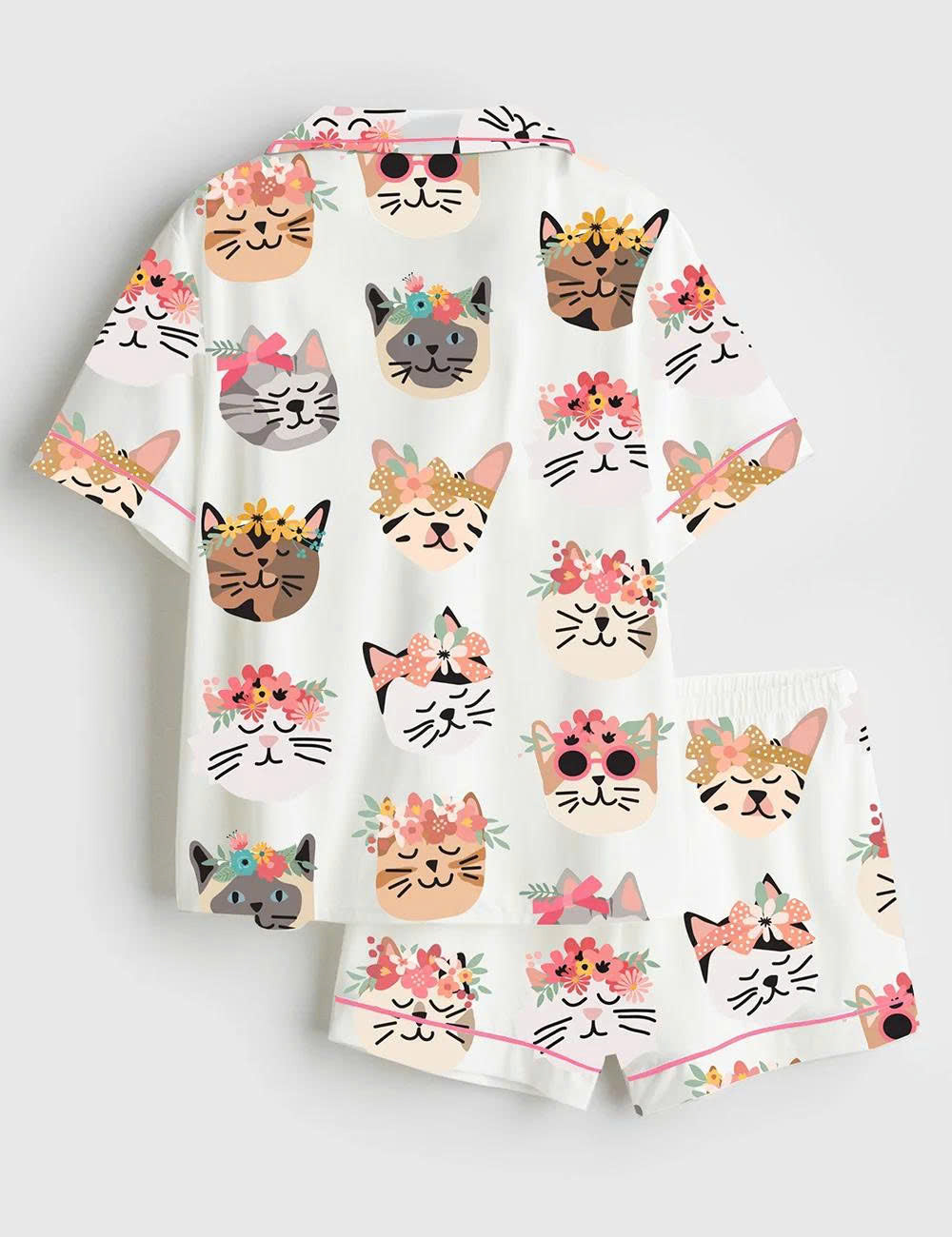 Cute Floral Cat Print Short Sleeve Pajama Set