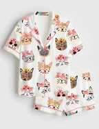 Cute Floral Cat Print Short Sleeve Pajama Set
