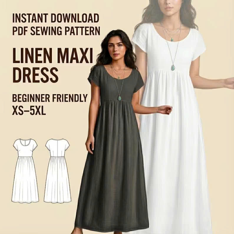 Linen Maxi Dress Sewing Pattern PDF | Easy Empire Waist Dress | Short Sleeve Summer Dress | Beginner Friendly | XS–5XL