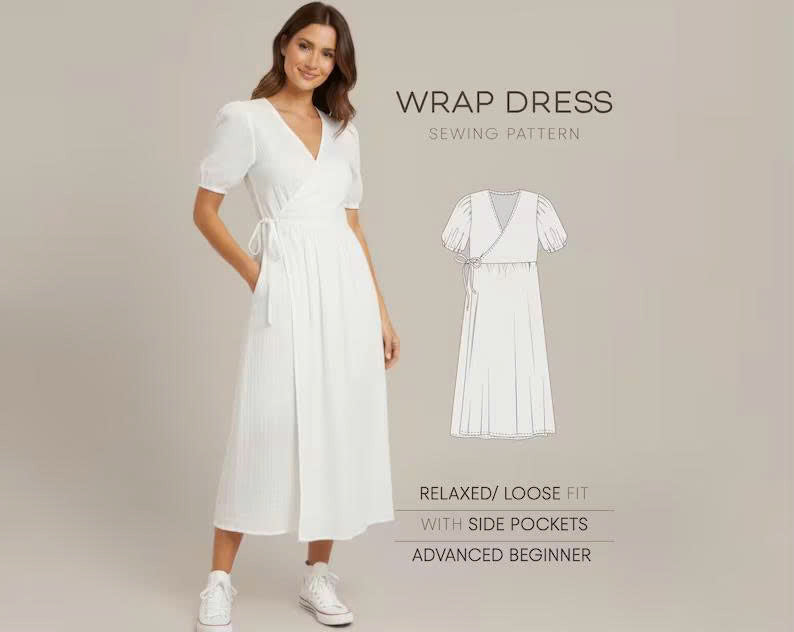 Linen Dress Sewing Pattern For Women, Wrap Dress Pattern, Cotton Dress With Pockets, Cottagecore Dress Pattern, Flowy Dress PDF Pattern